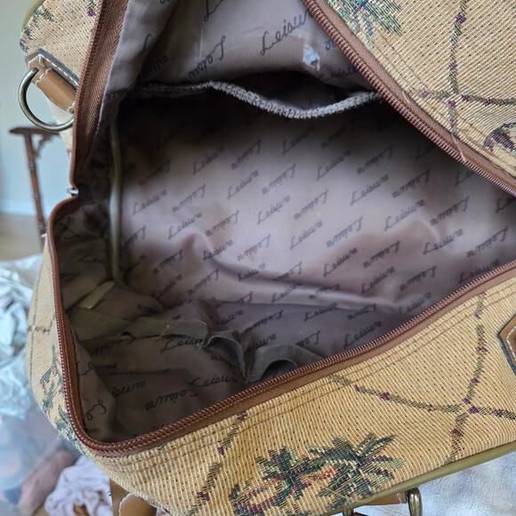 Vtg 80s Leisure International Tan Vanity Bag Case Tropical Palm Tapestry EUC - Picture 13 of 16